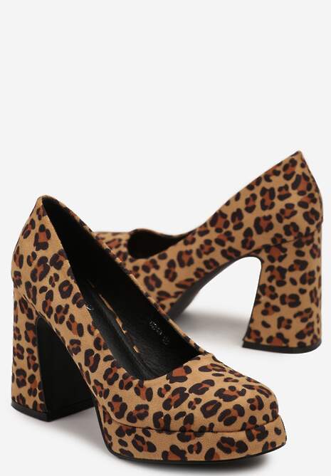 Brązowe Czółenka w Panterkę na Obcasie z Kwadratowym Noskiem w Panterkę Viaella