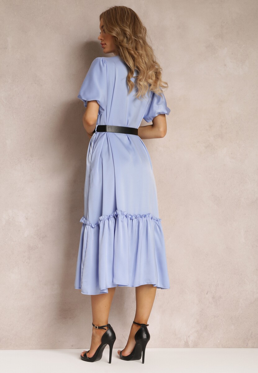 Niebieska Sukienka Midi z Ozdobną Falbanką i Dodatkowym Paskiem z Imitacji Skóry Charlotona