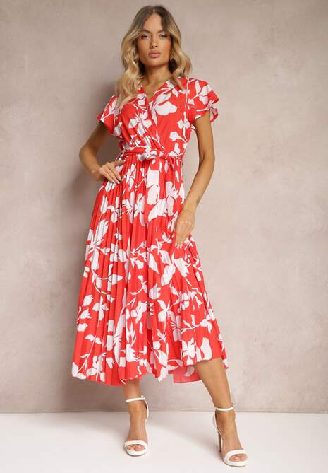 Czerwona Sukienka z Kopertowym Dekoltem Plisowanym Dołem Wykończona w Talii Paskiem i Gumką Elsavia