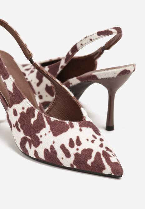 Brązowe Czółenka Sandały w Krowie Łaty na Szpilce Typu Slingback Addoxie