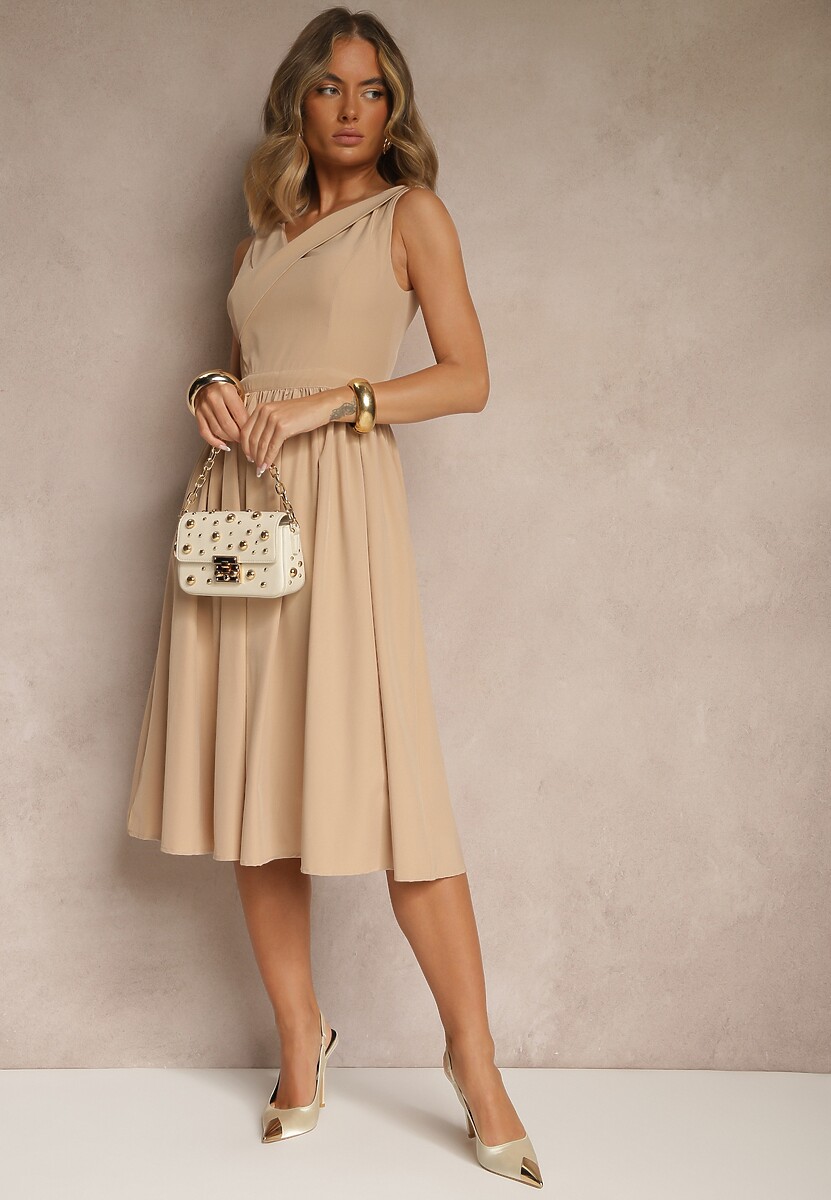 Beżowa Basicowa Sukienka Vices o Rozkloszowanym Kroju Tolaneia