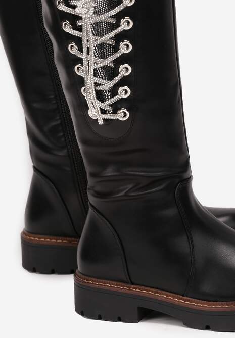 Czarne Kozaki z Cholewką Przed Kolano i Wiązaniem ze Sznurowadeł z Cyrkoniami Suvella