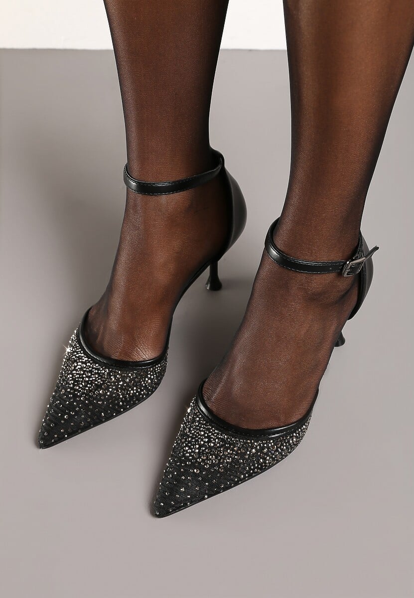 Czarne Szpilki Vices z Wkładką ze Skóry Naturalnej Ozdobione Cyrkoniami Lizzoa