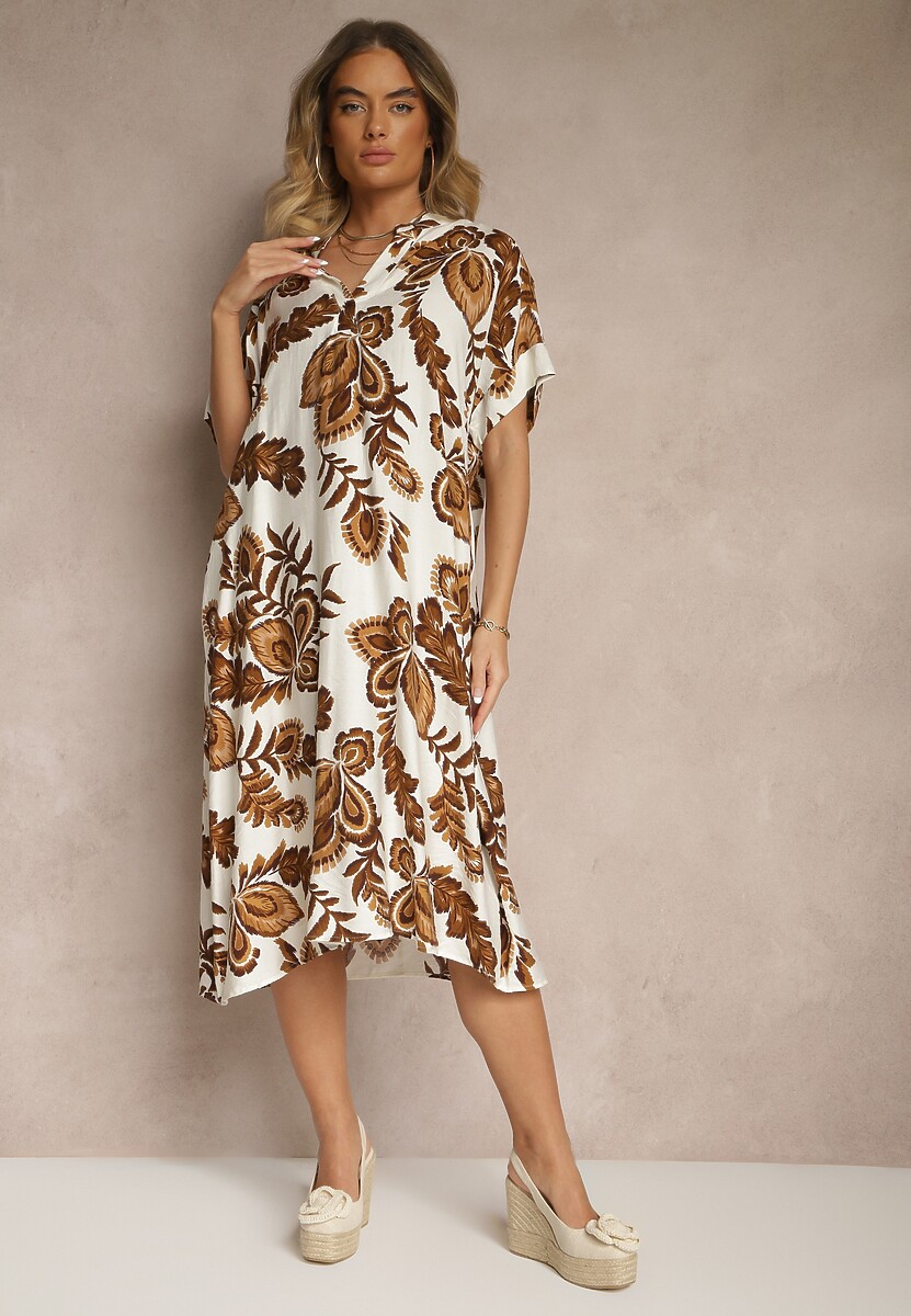 Brązowa Sukienka z Lnem i Wiskozą w Etniczne Kwiaty o Pudełkowym Kroju Natireia