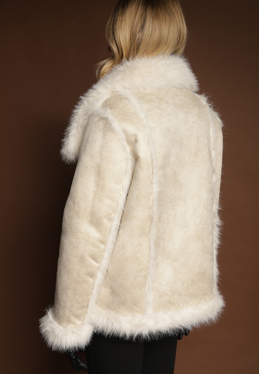 Beżowa Dwustronna Kurtka Biker Ozdobiona Futerkiem Flitta