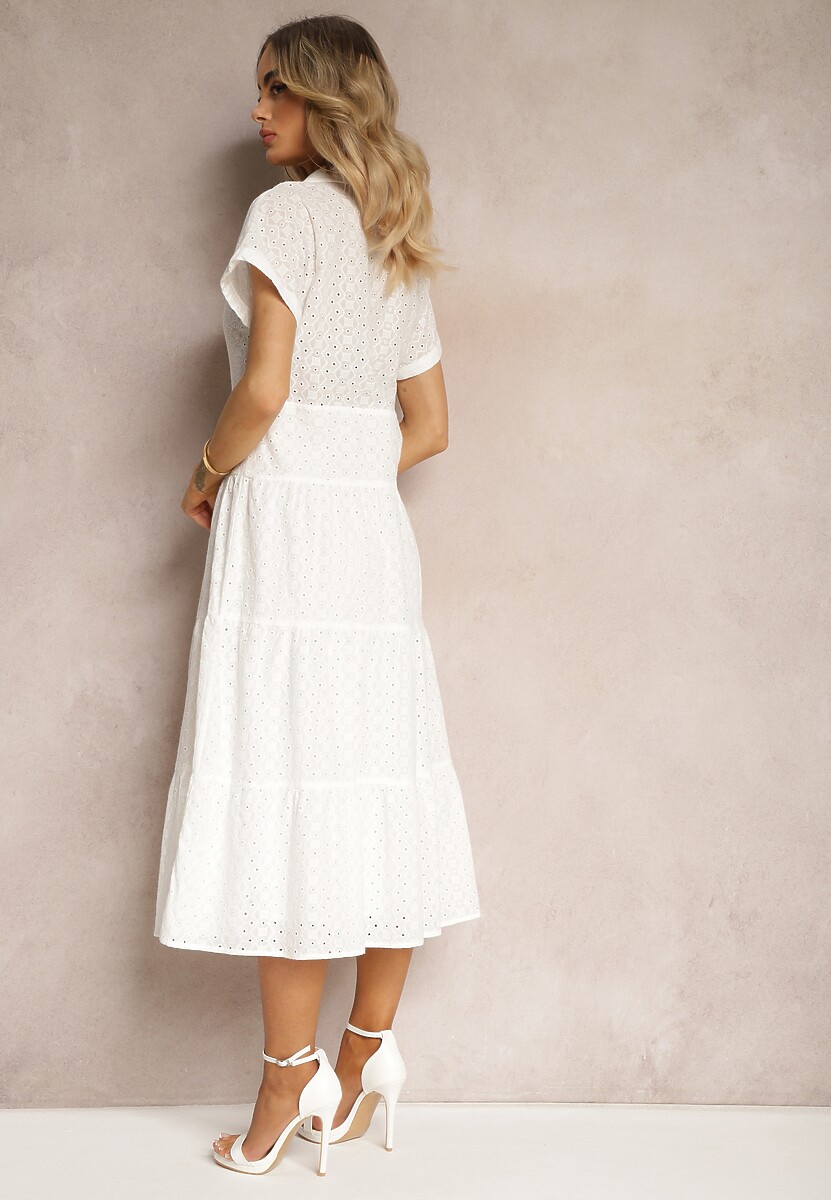 Biała Ażurowa Sukienka z Bawełny z Krótkim Rękawem i Guzikami Obitha