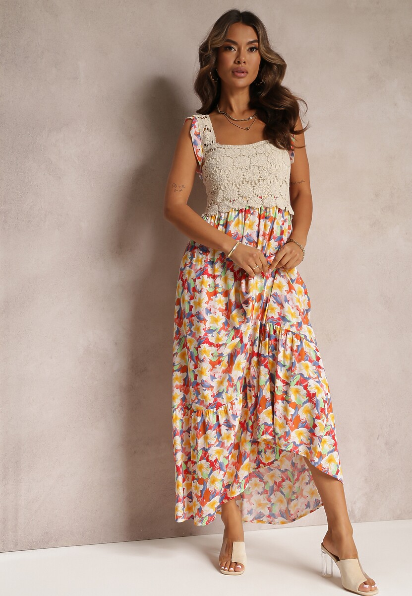 Żółto-Czerwona Maxi Wiskozowa Sukienka Maxi w Kwiaty z Kwadratowym Dekoltem Alten