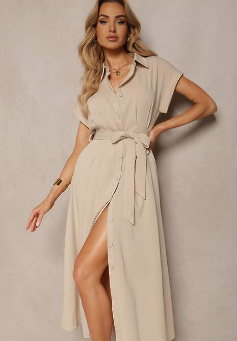 Beżowa Sukienka o Rozkloszowanym Kroju Zapinana na Guziki z Materiałowym Paskiem Moaril