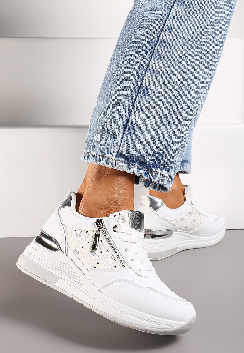 Biało-Srebrne Sneakersy na Koturnie z Ozdobną Wstawką z Suwakiem i Sznurowaniem Dastas