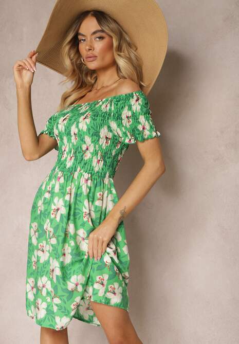 Zielona Rozkloszowana Sukienka Hiszpanka z Gumką w Talii w Kwiaty Nametris