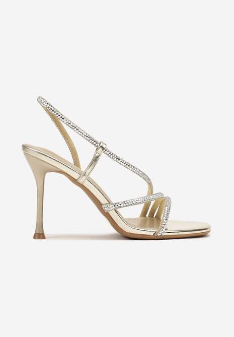 Złote Sandały Vices na Szpilce Ozdobione Paskami z Cyrkoniami Tilarea
