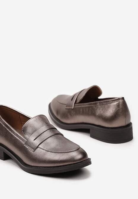 Srebrne Mokasyny w Stylu Loafersów z Wkładką ze Skóry Naturalnej Tykolina