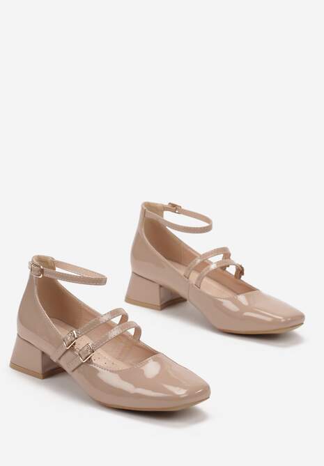 Beżowe Czółenka na Niskim Słupku z Trzema Cienkimi Paseczkami Minahilda