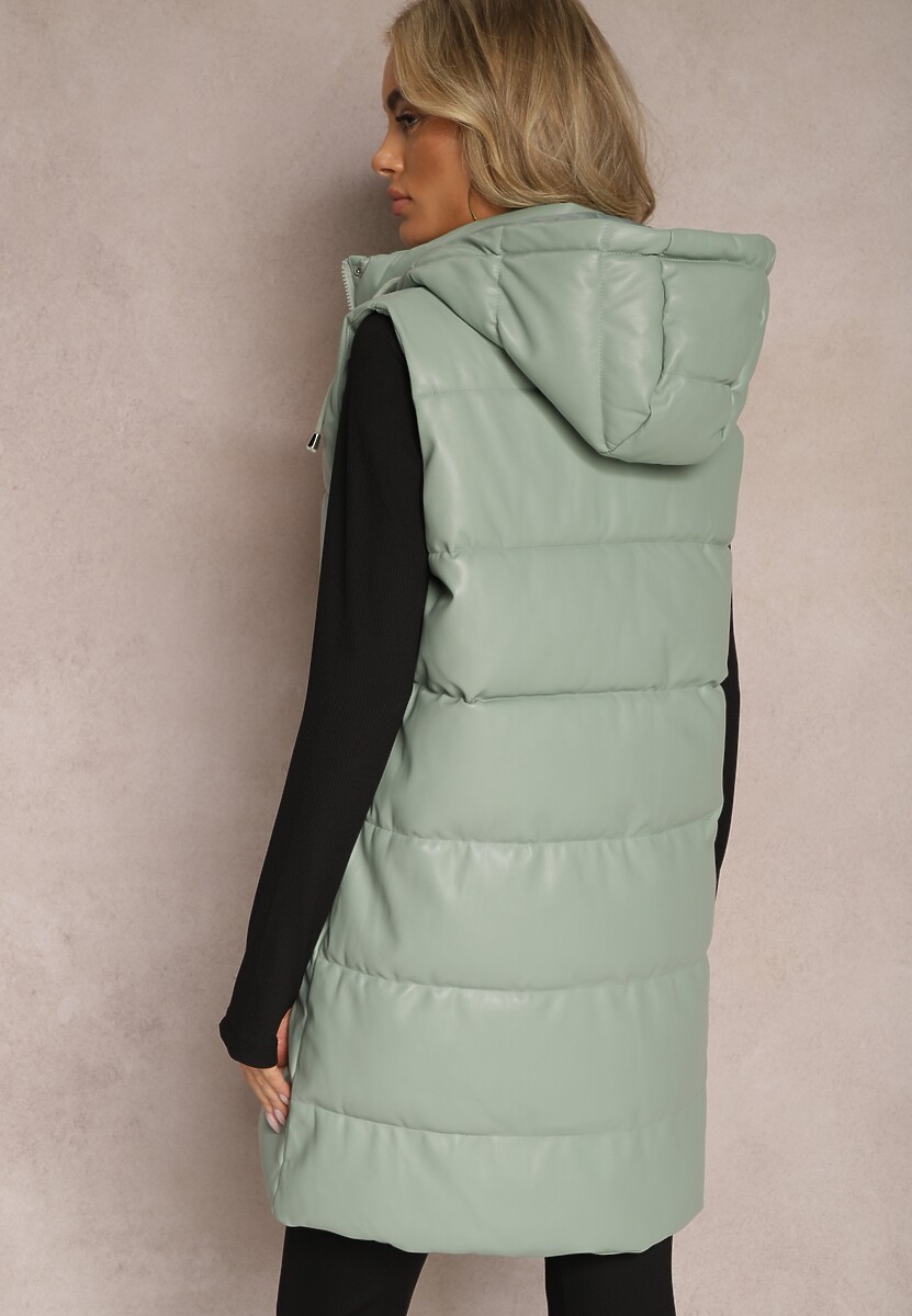 Zielona Pikowana Kamizelka z Ekoskóry i Kapturem Palermia