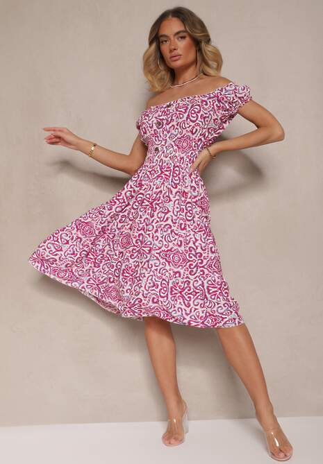 Różowa Sukienka Bawełniana z Gumką w Talii i Ornamentalnym Printem Natilessae