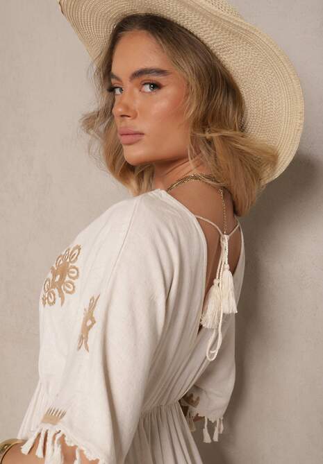 Beżowa Kopertowa Sukienka z Lnu i Wiskozy Zdobiona Haftem i Wiązaniem Deselira