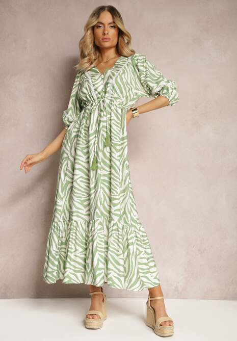 Jasnozielona Sukienka z Wiskozy i Bawełny Ozdobiona Falbaną i Sznurkiem w Pasie Vantia