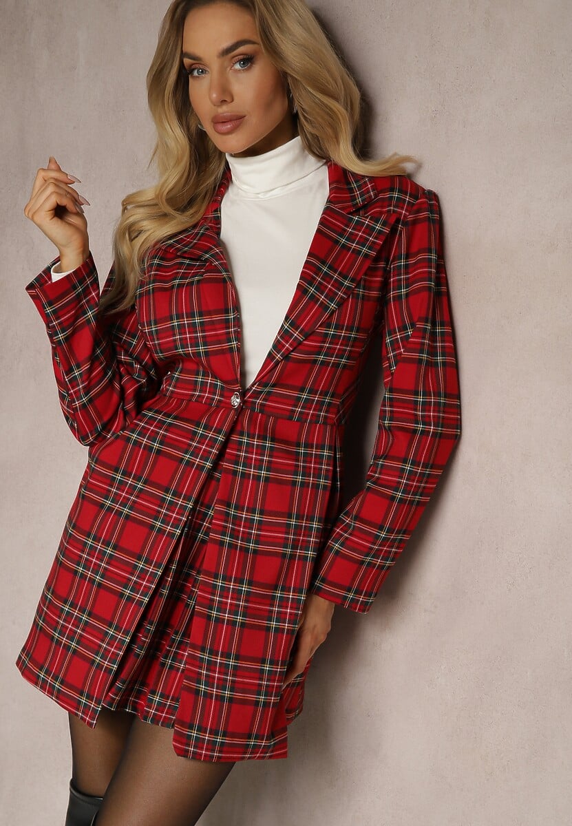 Czerwona Taliowana Marynarka Dwurzędowa z Wiskozą w Kratę Deliane