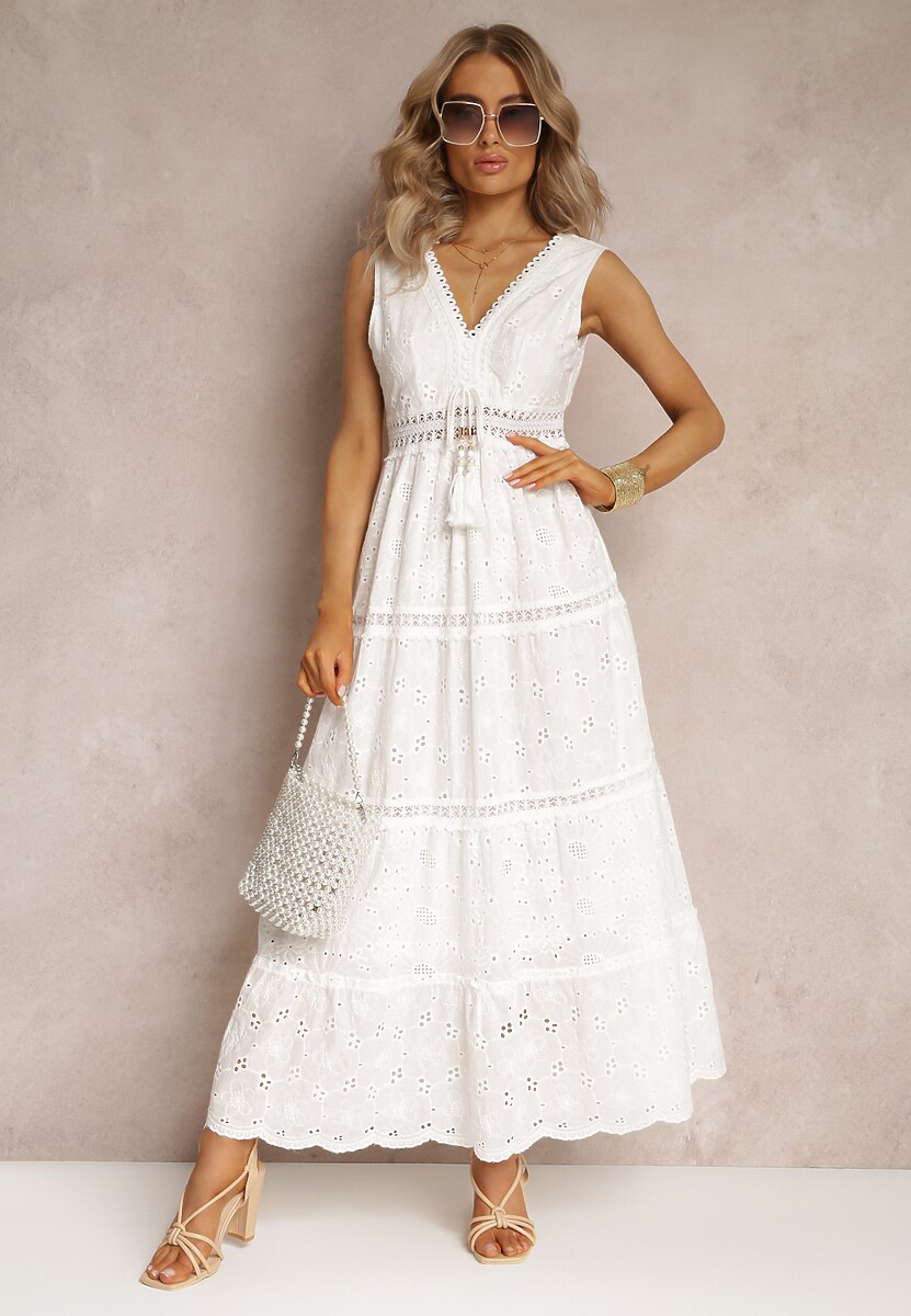 Biała Bawełniana Sukienka Maxi z Haftowanej Tkaniny Jive