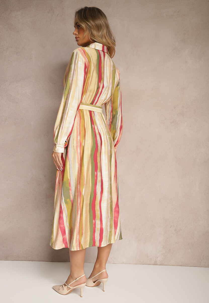 Beżowa Sukienka Koszulowa Wiązana w Talii w Paseczki Merilsa