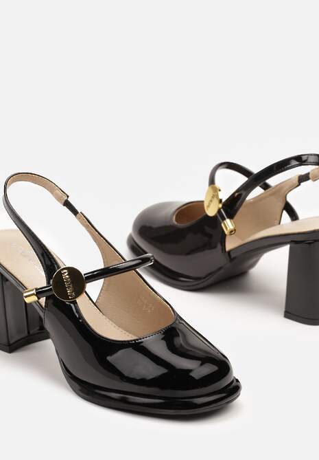 Czarne Czółenka Lakierowane na Słupku Slingback Ozdobione Metaliczną Aplikacją Falorin