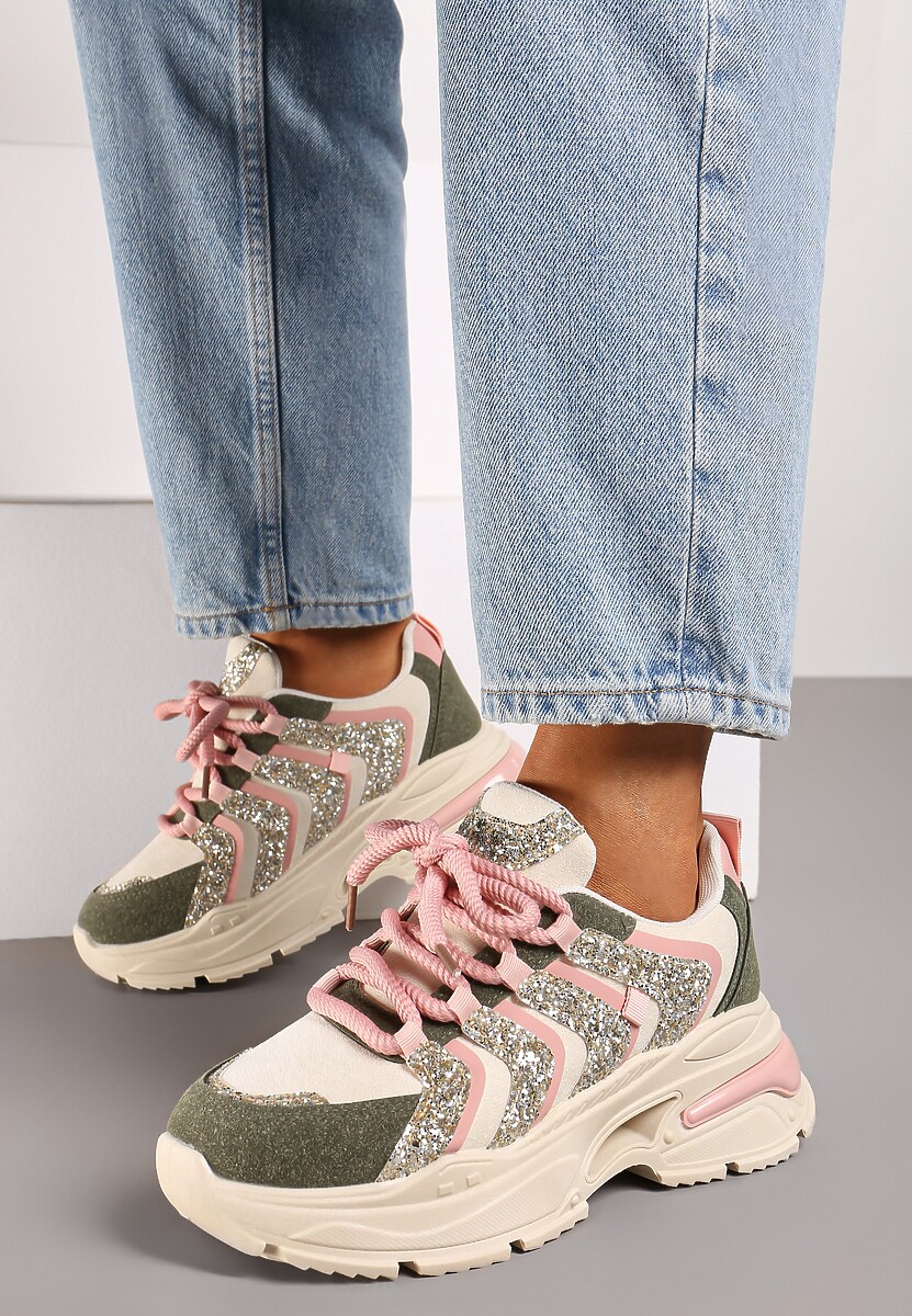 Beżowo-Zielone Sznurowane Sneakersy na Platformie Ozdobione Brokatem Ewla