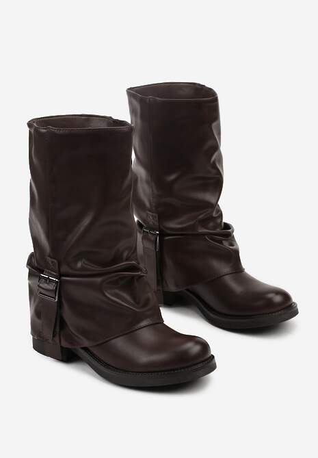 Brązowe Botki Bikery z Wywiniętą Cholewką z Marszczeniem i Klamrą Fenilea