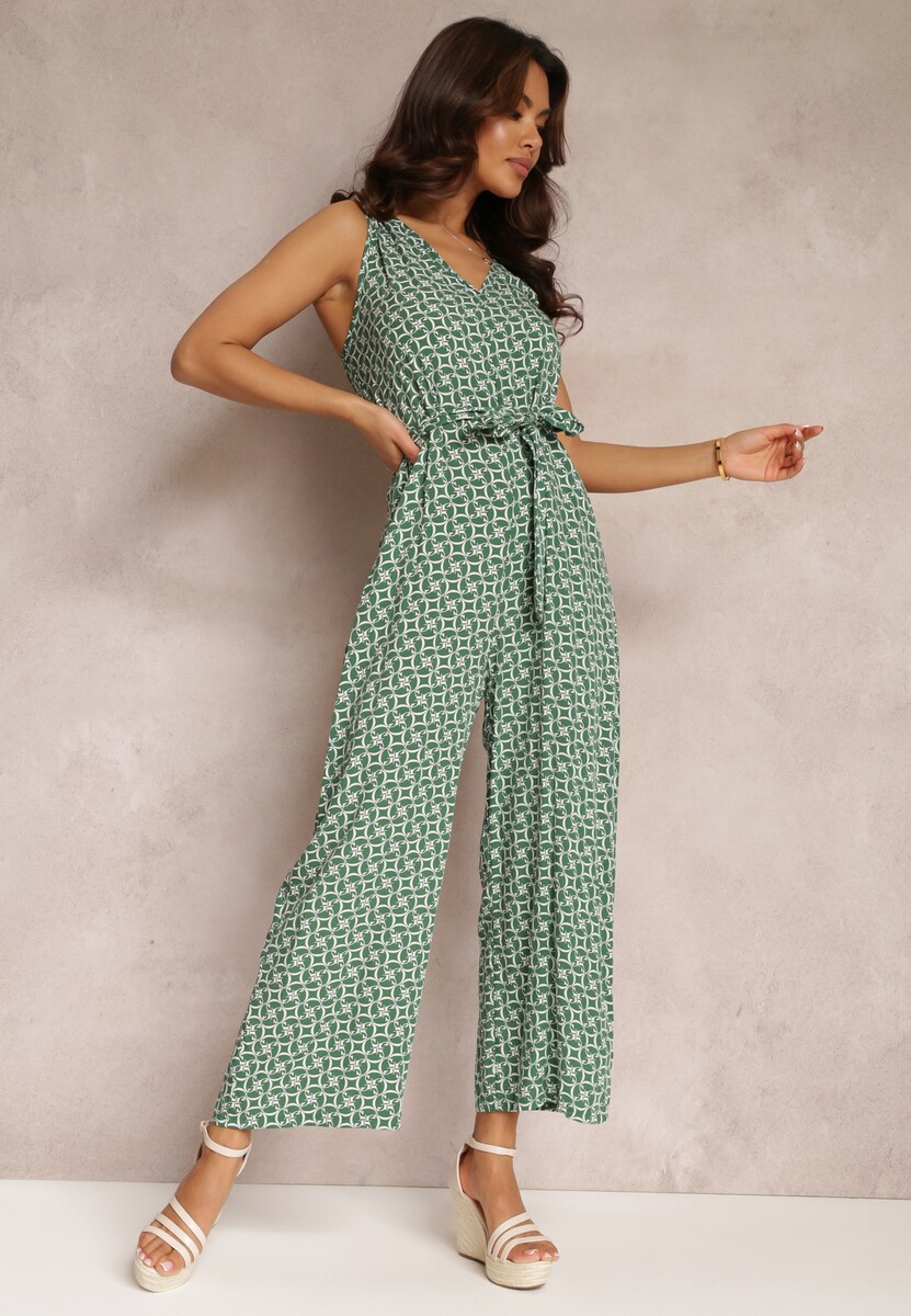 Zielony Kombinezon z Wiskozy bez Rękawów i Wiązanym Paskiem Leara