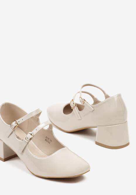 Beżowe Czółenka Lakierowane Wykończone Paskami z Regulacją Walivia