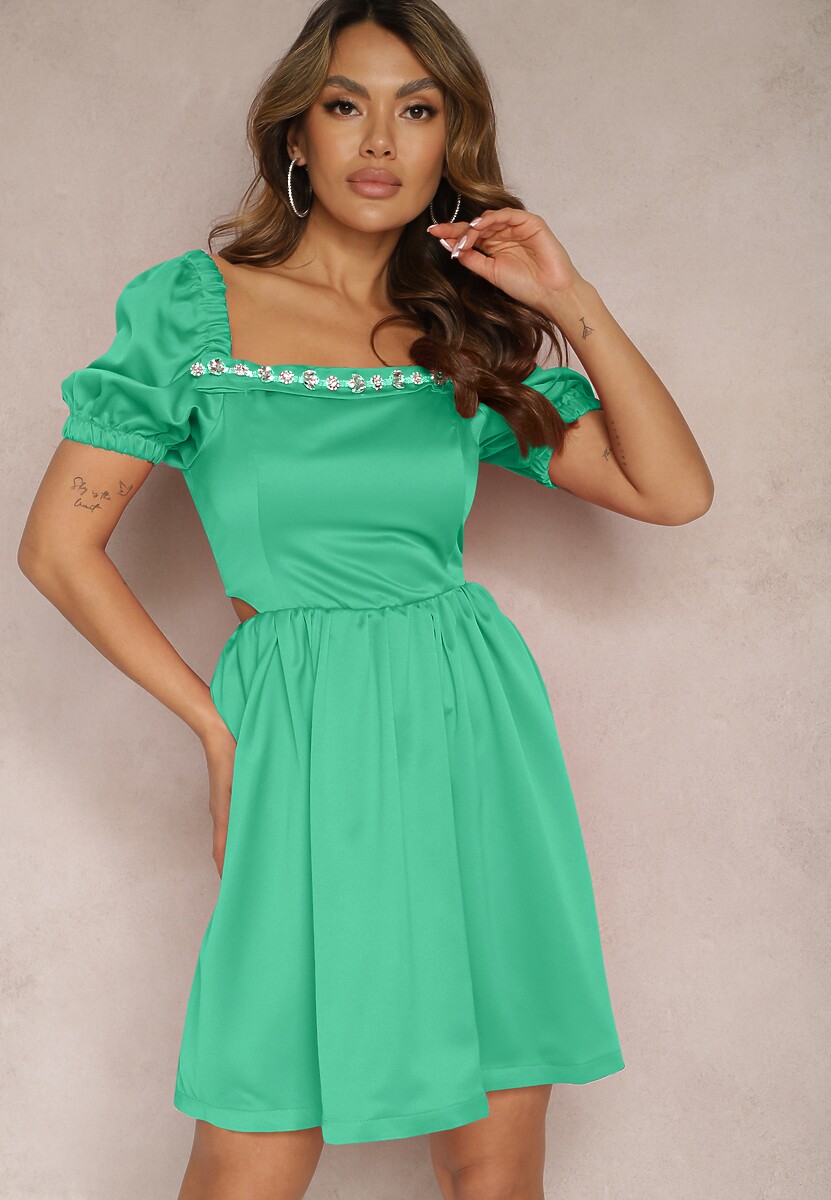 Niebieska Rozkloszowana Sukienka Mini z Wycięciami po Bokach i Cyrkoniami na Dekolcie Erelasia