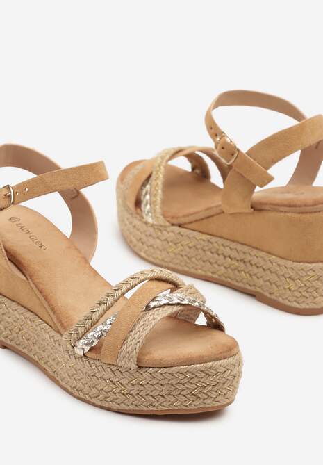 Brązowe Sandały Plecionej Platformie i Koturnie Aluie