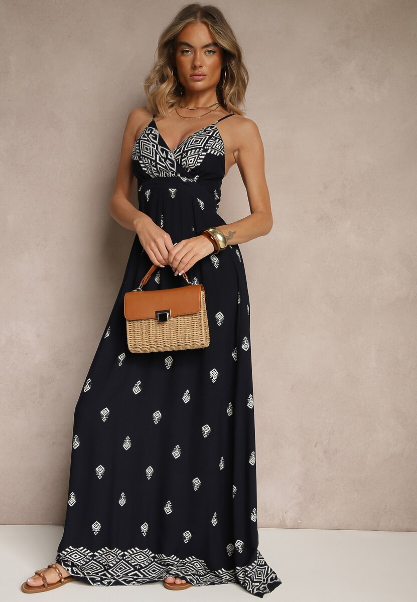 Granatowa Kopertowa Sukienka na Ramiączkach z Bawełny z Wiązanym Paskiem Reveesia