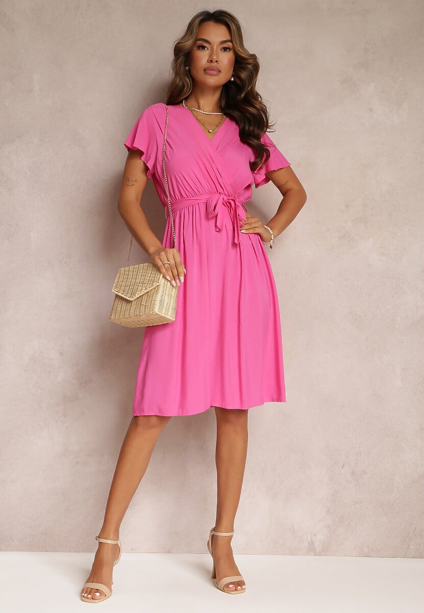 Fuksjowa Rozkloszowana Sukienka Midi z Wiązanym Paskiem Elemia