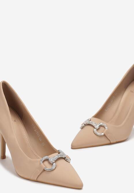 Beżowe Satynowe Szpilki z Biżuteryjną Klamerką Orazia