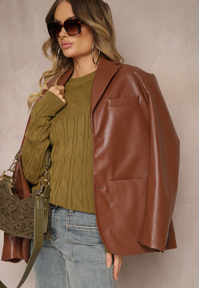 Ciemnozielony Sweter z Wiskozą Ozdobiony Tłoczeniem Savra