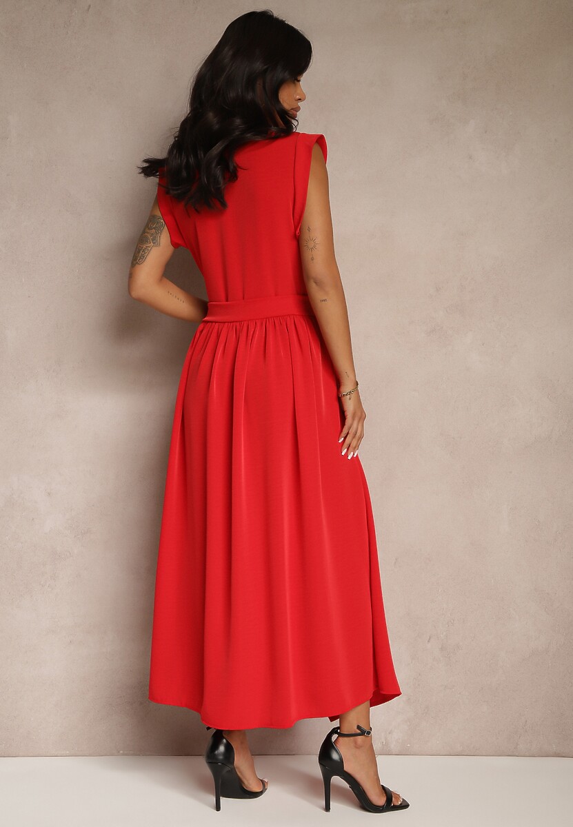 Czerwona Sukienka z Paskiem Koszulowa o Rozkloszowanym Fasonie Mavoselle