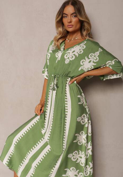 Zielona Sukienka Taliowana z Bawełny z Gumką w Pasie Rivaq