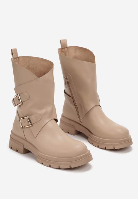 Ciemnobeżowe Botki z Klamerkami na Grubej Podeszwie Tisela