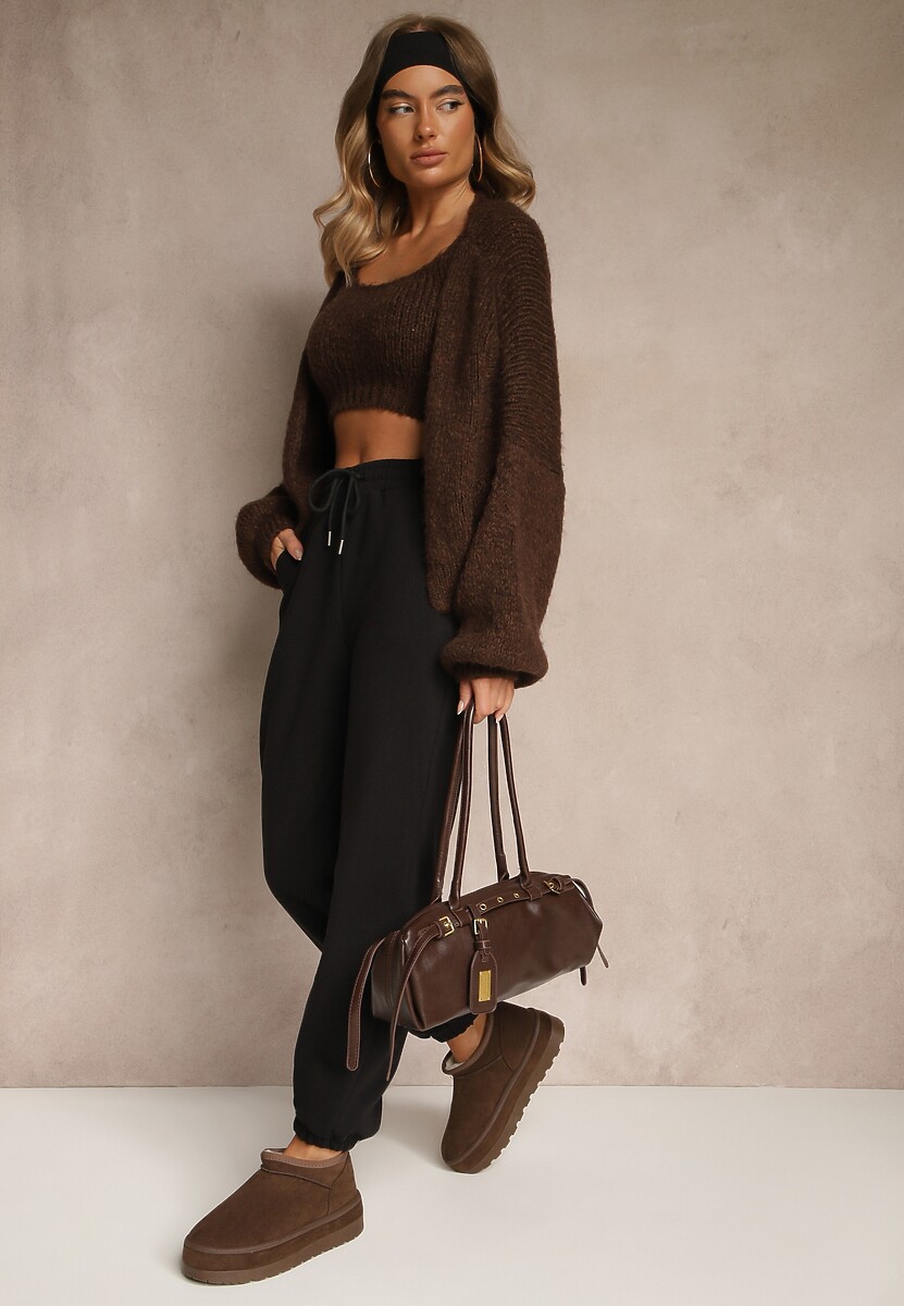 Czarne Dresowe Spodnie z Bawełny z Ociepleniem Ozdobione Sznurkiem Citila