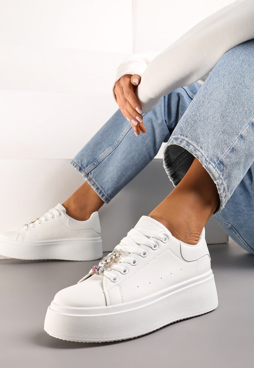 Białe Sneakersy z Cyrkoniami na Sznurówkach z Platformą Nomiji