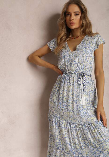 Biało-Niebieska Sukienka ze Sznurkiem Olathe