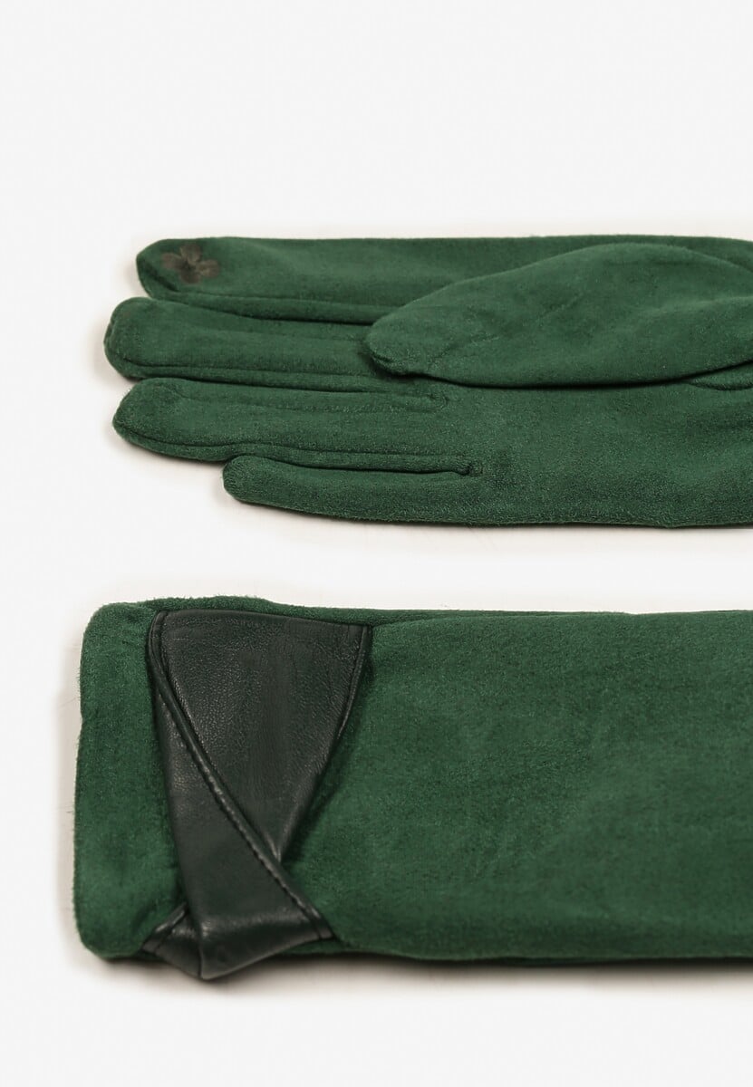 Zielone Eleganckie Rękawiczki z Bawełną i Wywiniętą Aplikacją przy Nadgarstku Sissemi