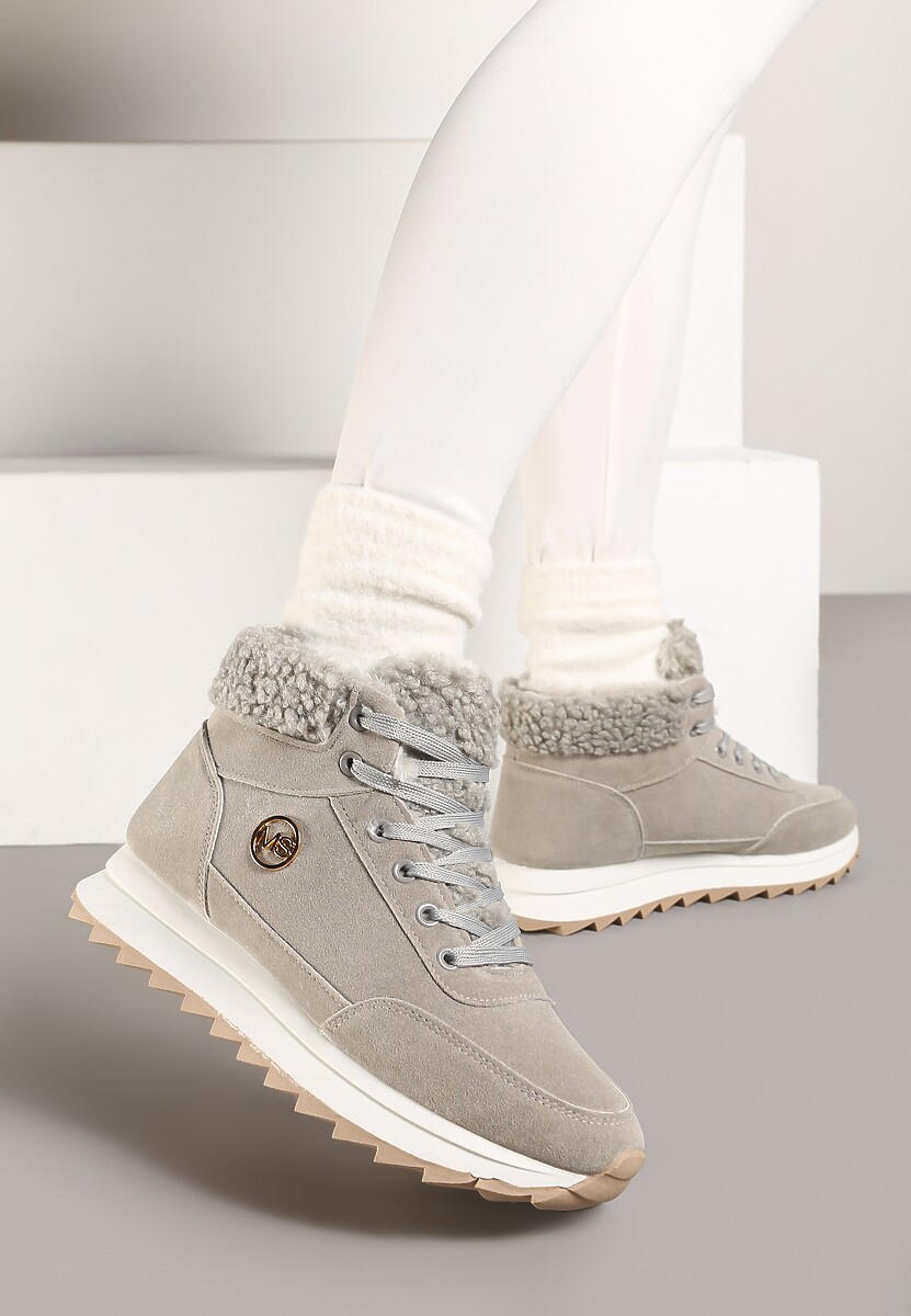 Szare Sneakersy na Platformie z Barankiem i i Błyszczącą Aplikacją Irithnae