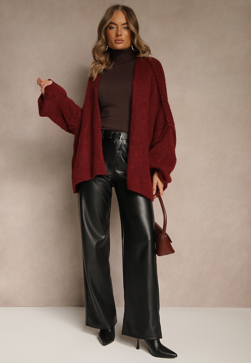 Bordowy Niezapinany Kardigan Nietoperzowy z Dodatkiem Wełny i Wiskozy Rallidia