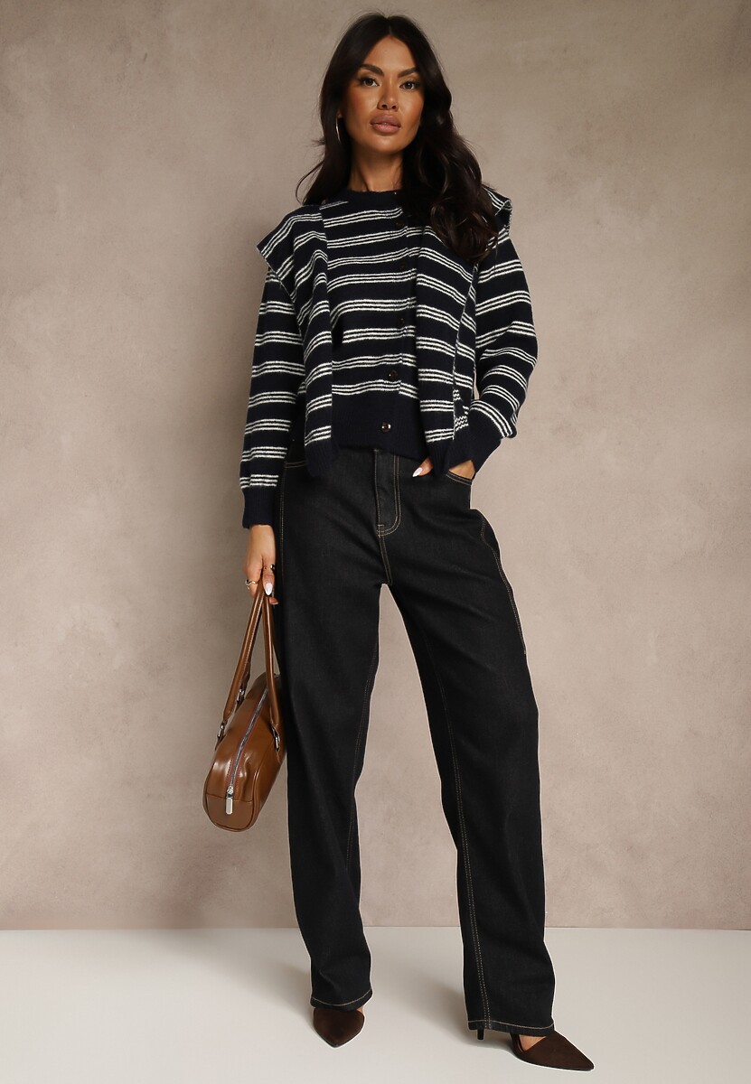 Granatowy Kardigan z Dodatkiem Wełny Zdobiony Wzorem w Paski i Narzutką Fedira