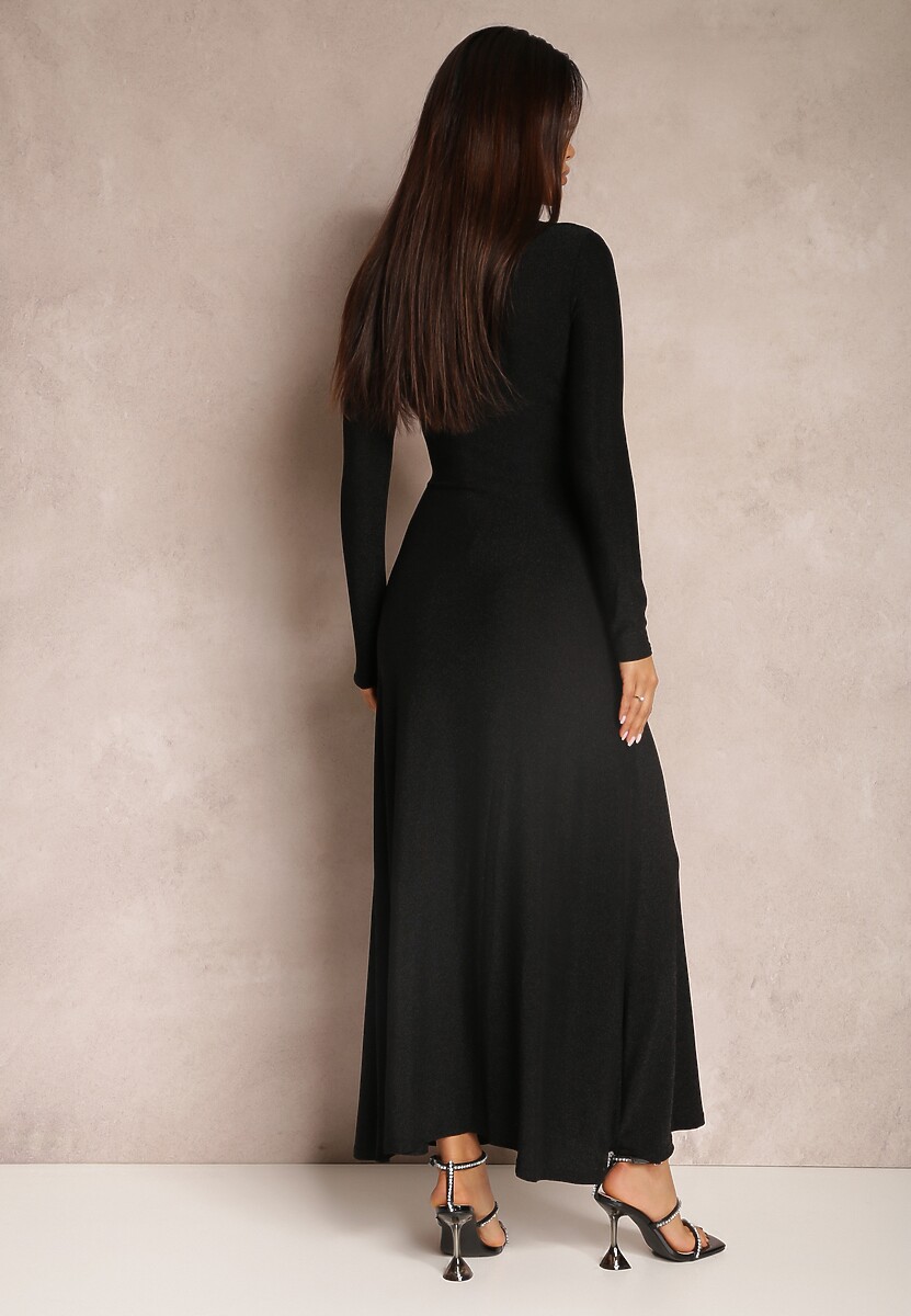 Czarna Sukienka z Marszczeniem przy Dekolcie Metaliczna Enemelle