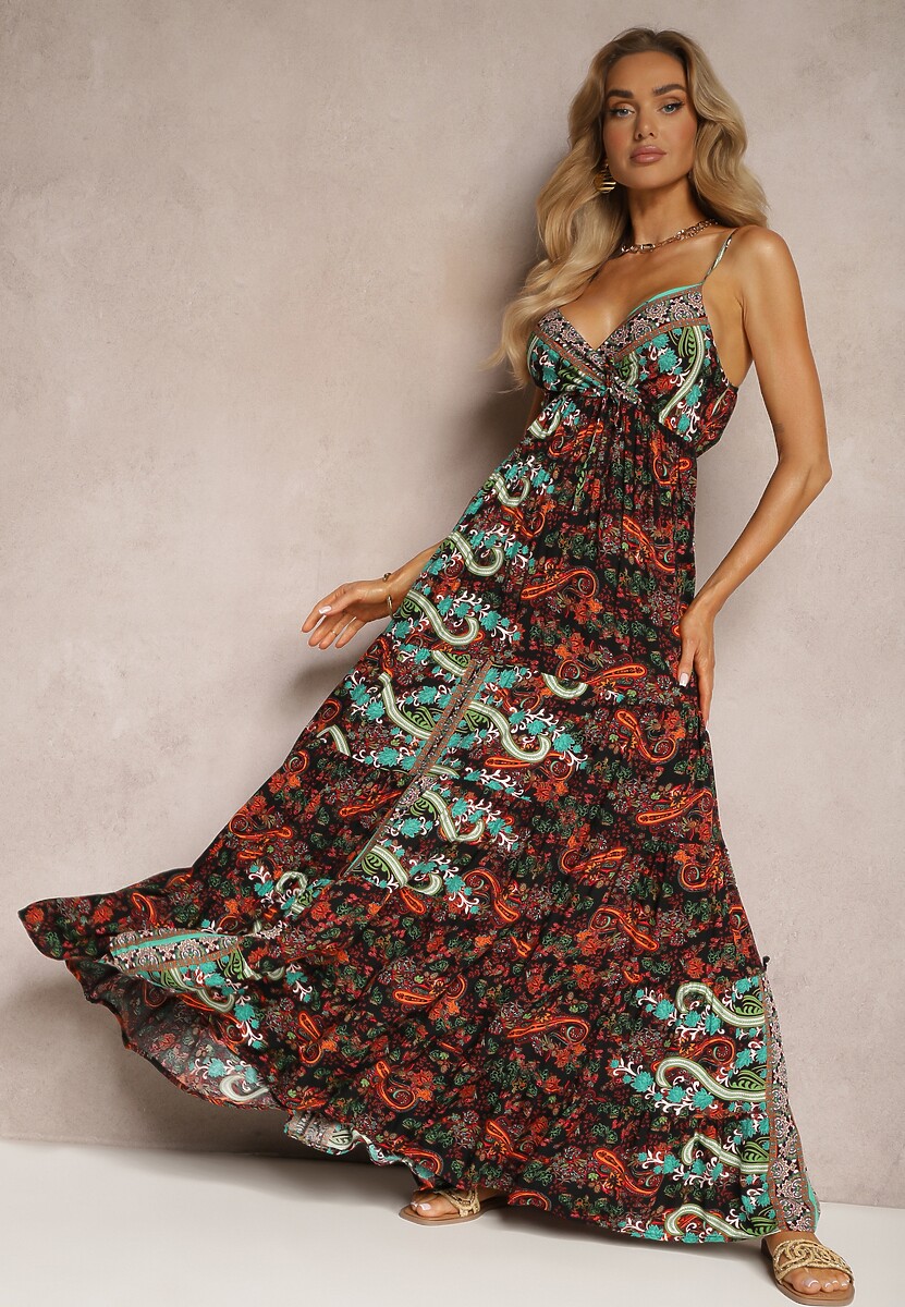 Czarno-Pomarańczowa Rozkloszowana Sukienka z Wiskozy na Ramiączkach z Falbanką i Gumką w Pasie Tantia