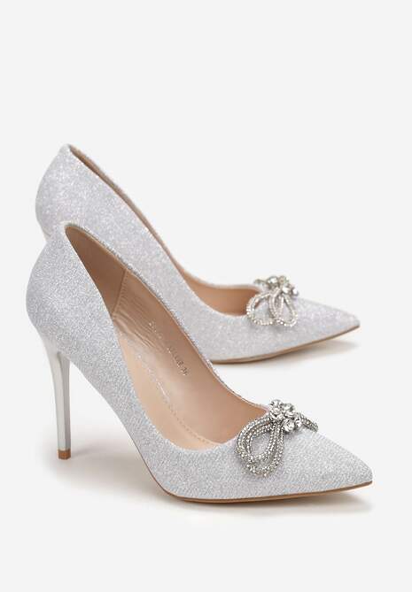 Srebrne Szpilki z Brokatową Cholewką i Kokardką z Cyrkoniami Yonea