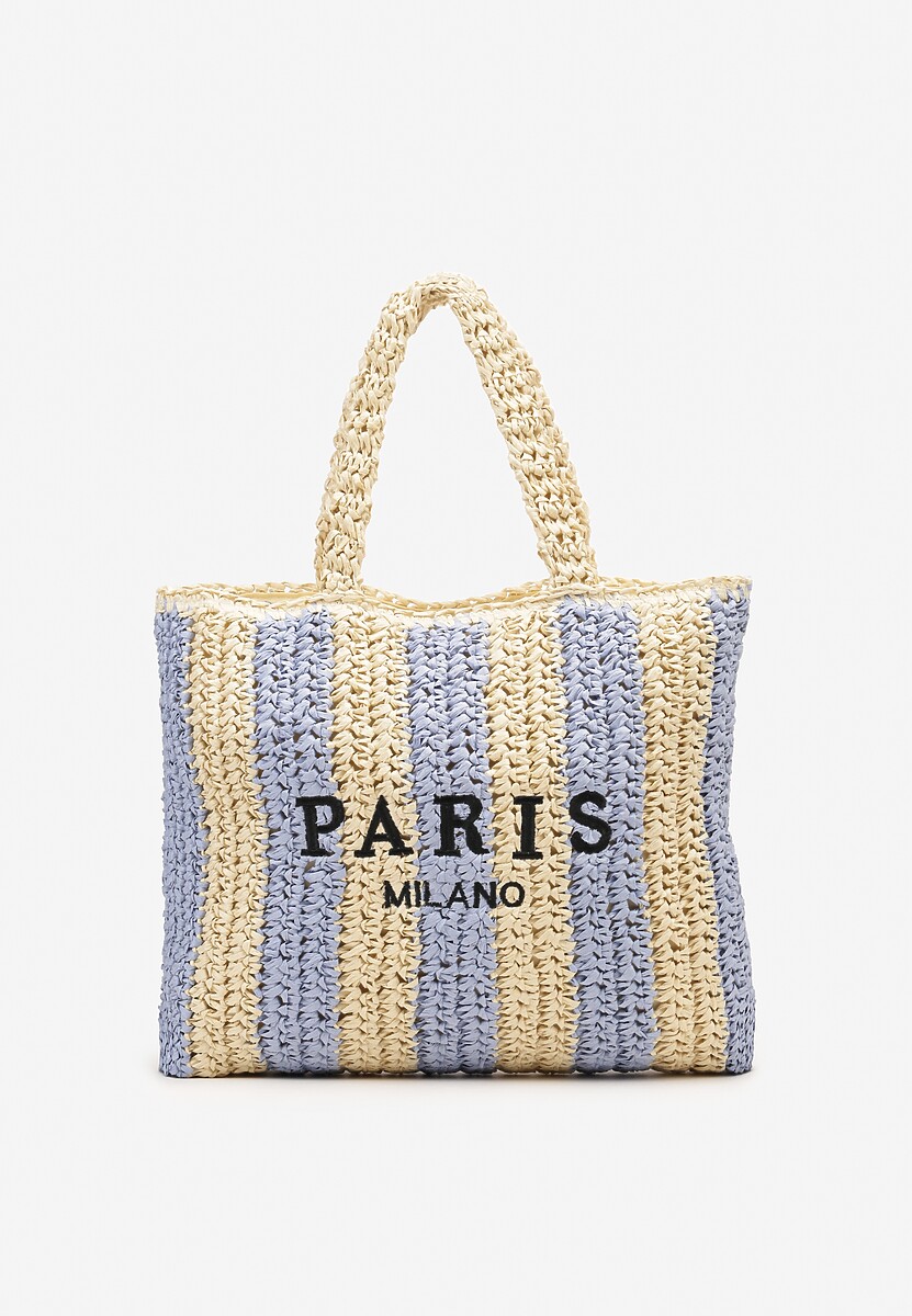 Niebiesko-Beżowa Pleciona Torebka z Rączką i Ozdobnym Napisem Rivasina