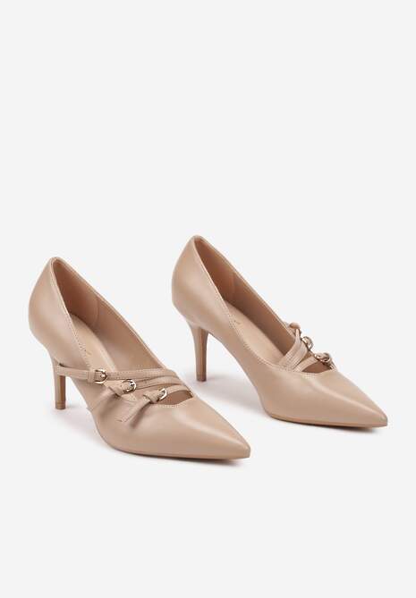 Ciemnobeżowe Czółenka na Szpilce Ozdobione Paskami Relabina